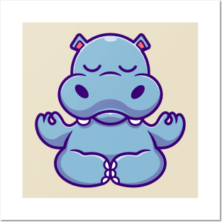 Cute Hippo Meditating Yoga Cartoon Posters and Art